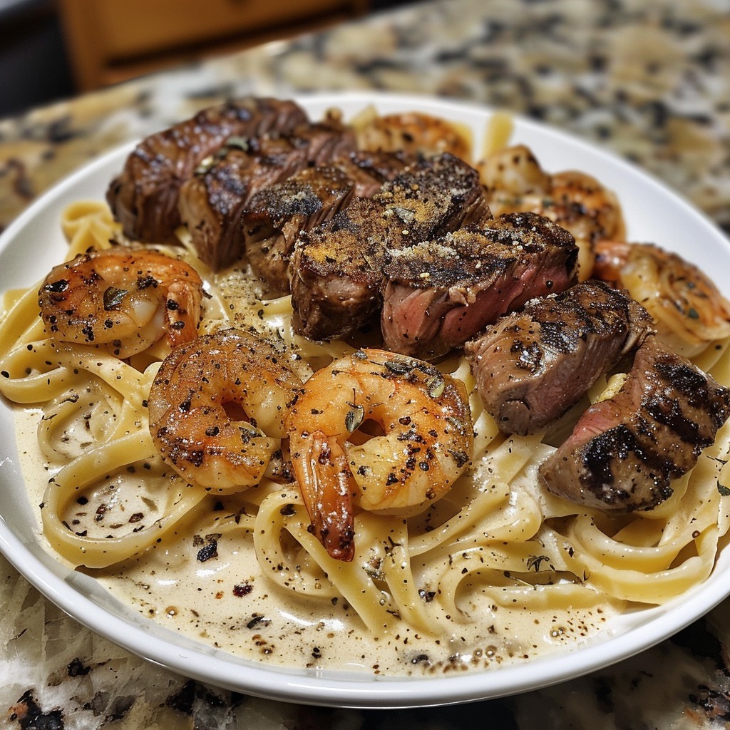 Blackened Steak Shrimp Alfredo Recipe