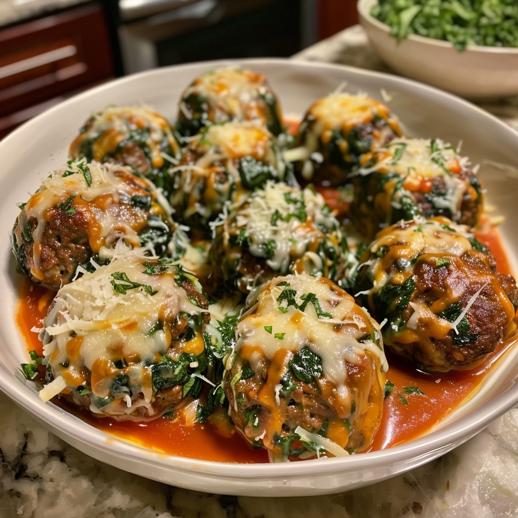 a bowl of meatballs with cheese and sauce