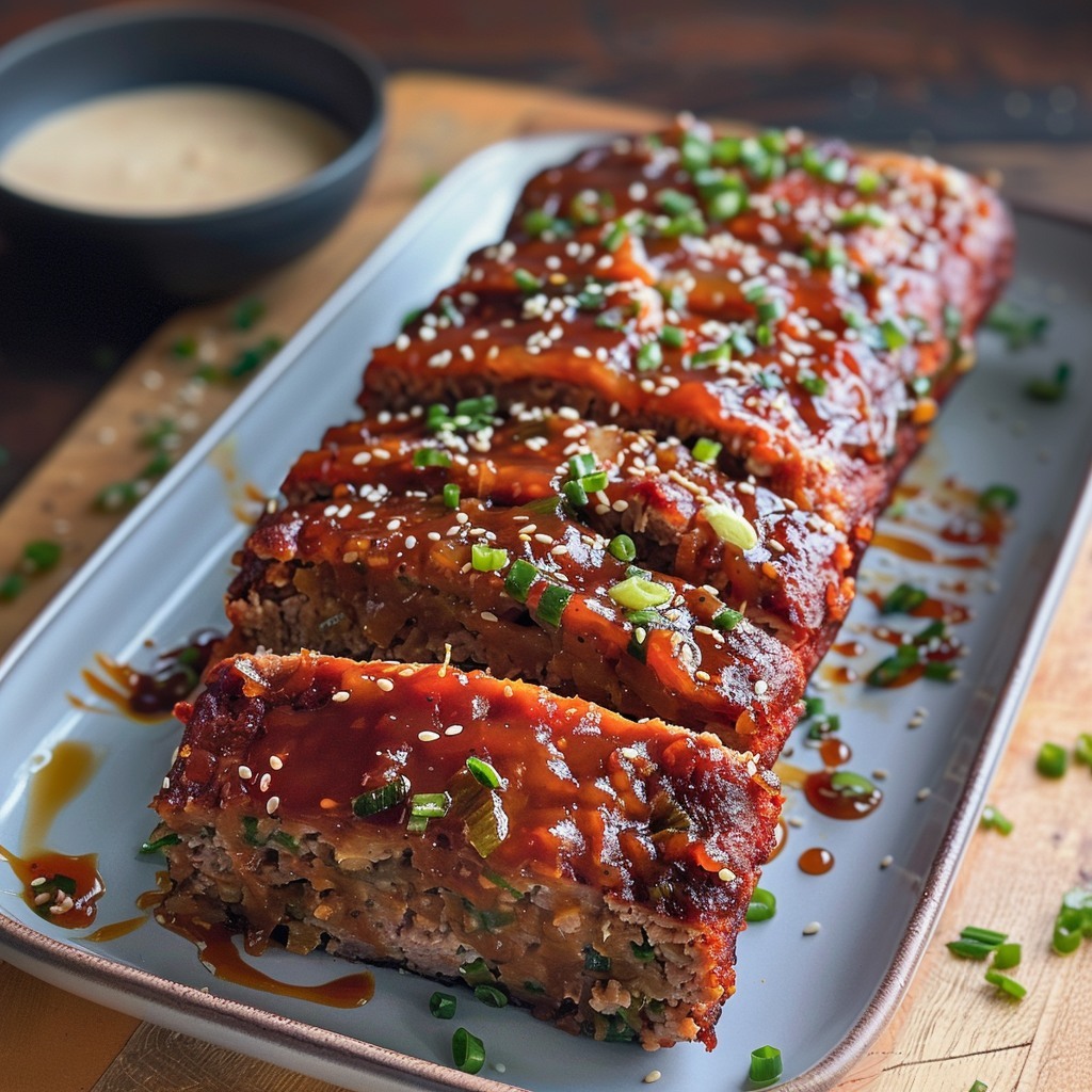 a plate of meatloaf with sauce and green onions