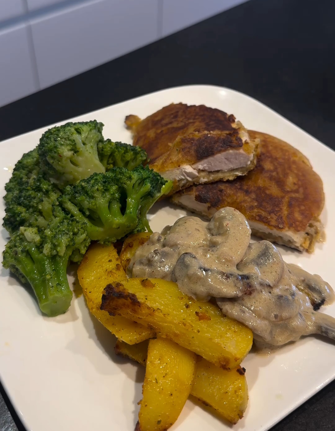 Easy Crispy Dough with Mushroom Sauce & Seasoned Sides