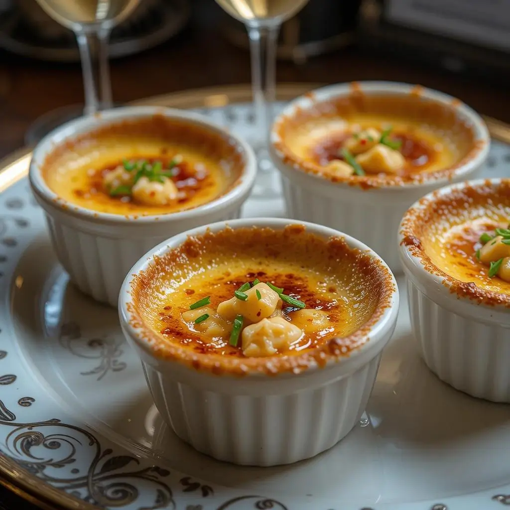 Four ramekins of Crab Brûlée, each topped with caramelized sugar and garnished with small chunks of crab and chives, served on a decorative plate with two glasses of white wine in the background