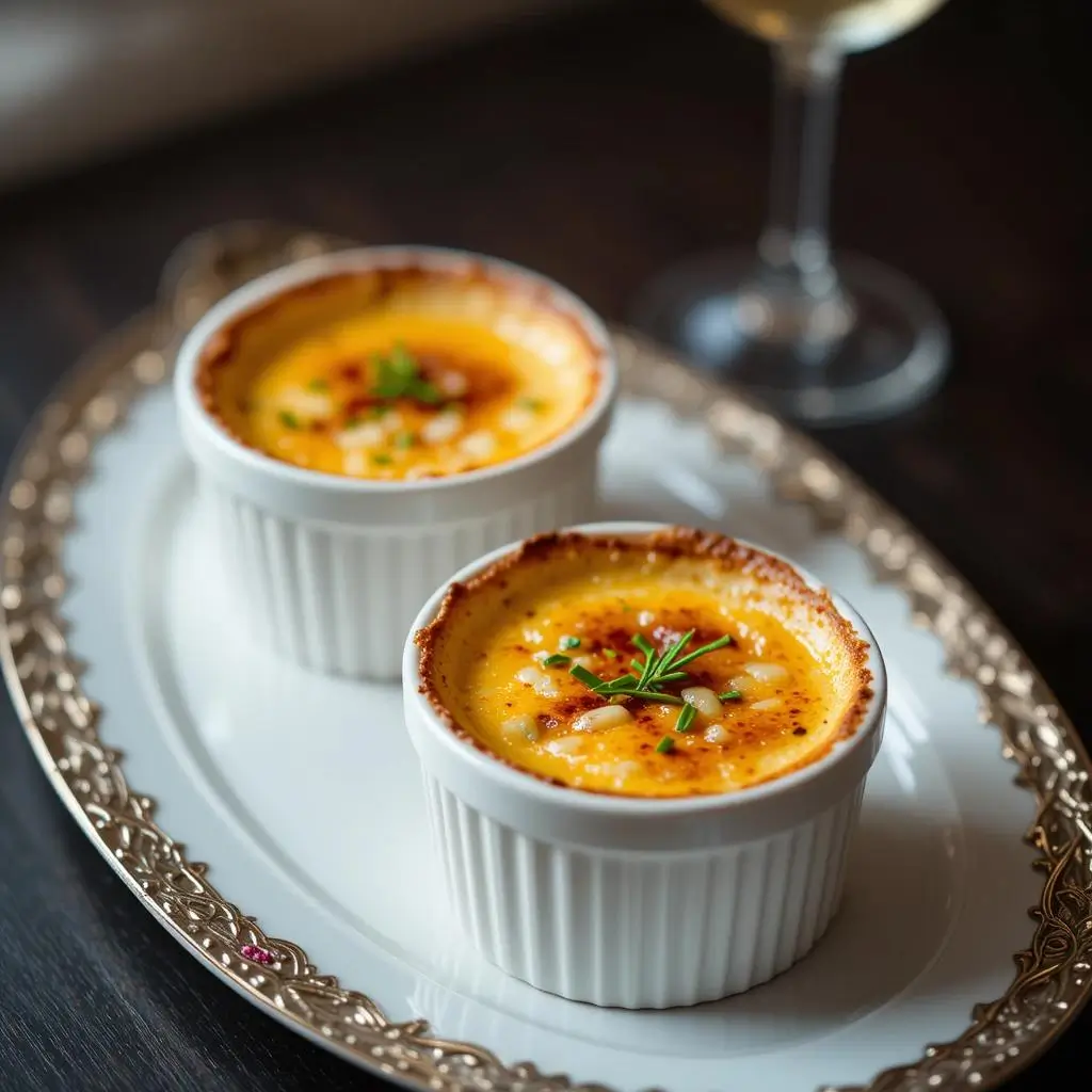 A gourmet plate of Crab Brûlée in elegant ramekins, featuring a caramelized sugar crust and garnished with chives and microgreens. A glass of white wine accompanies the dish.