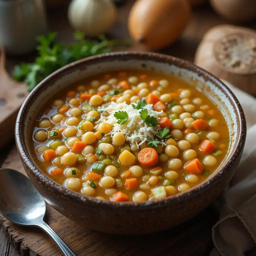 A bowl of golden vegetable soup with small round pasta, diced carrots, celery, and parsley, topped with grated cheese. The dish is served on a wooden surface with onions and herbs in the background.