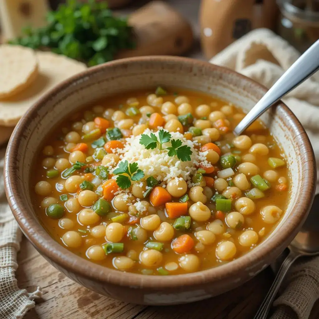 A warm bowl of soup featuring small round pasta, diced carrots, peas, and parsley, topped with grated cheese. The dish is presented on a wooden table with a spoon nearby and fresh herbs in the background.