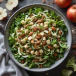 Chick-fil-A Kale Salad Recipe Healthy and Simple to Prepare A fresh kale salad in a white bowl, topped with almonds, diced cheese, and spiralized vegetables, garnished with a light dressing.