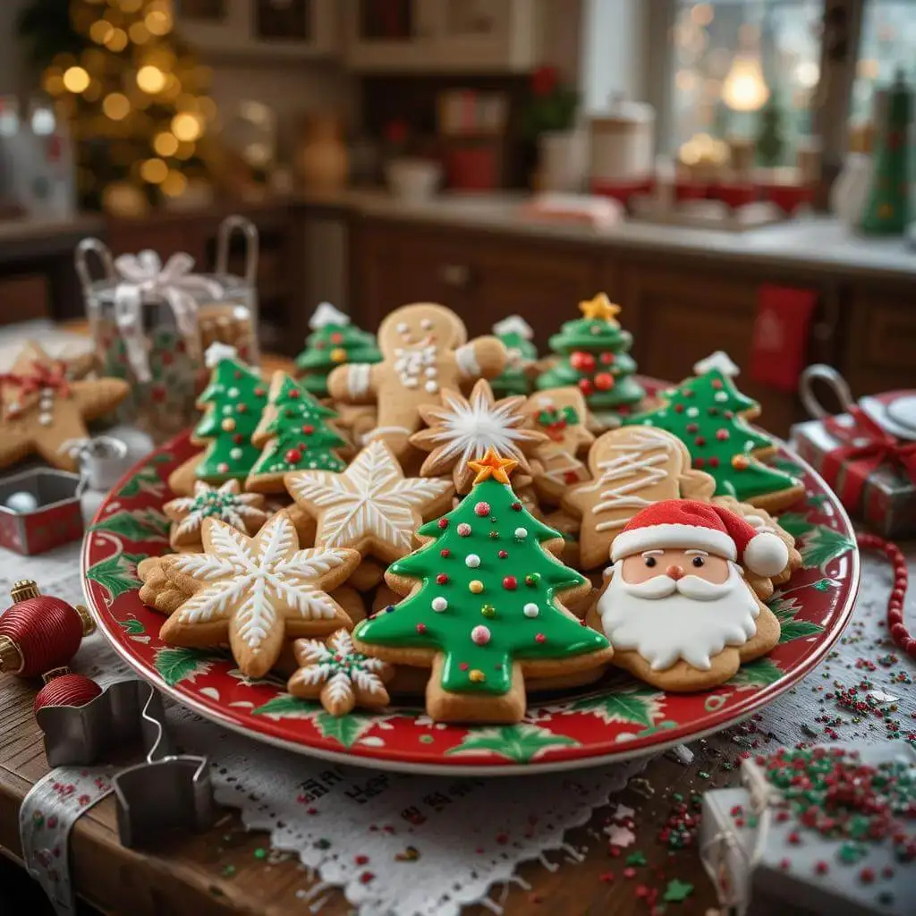 Christmas Cookie Cutters A festive plate of Christmas cookies, including gingerbread figures, Santa Claus, Christmas trees, snowflakes, and stars, set on a holiday-themed table in a cozy kitchen.