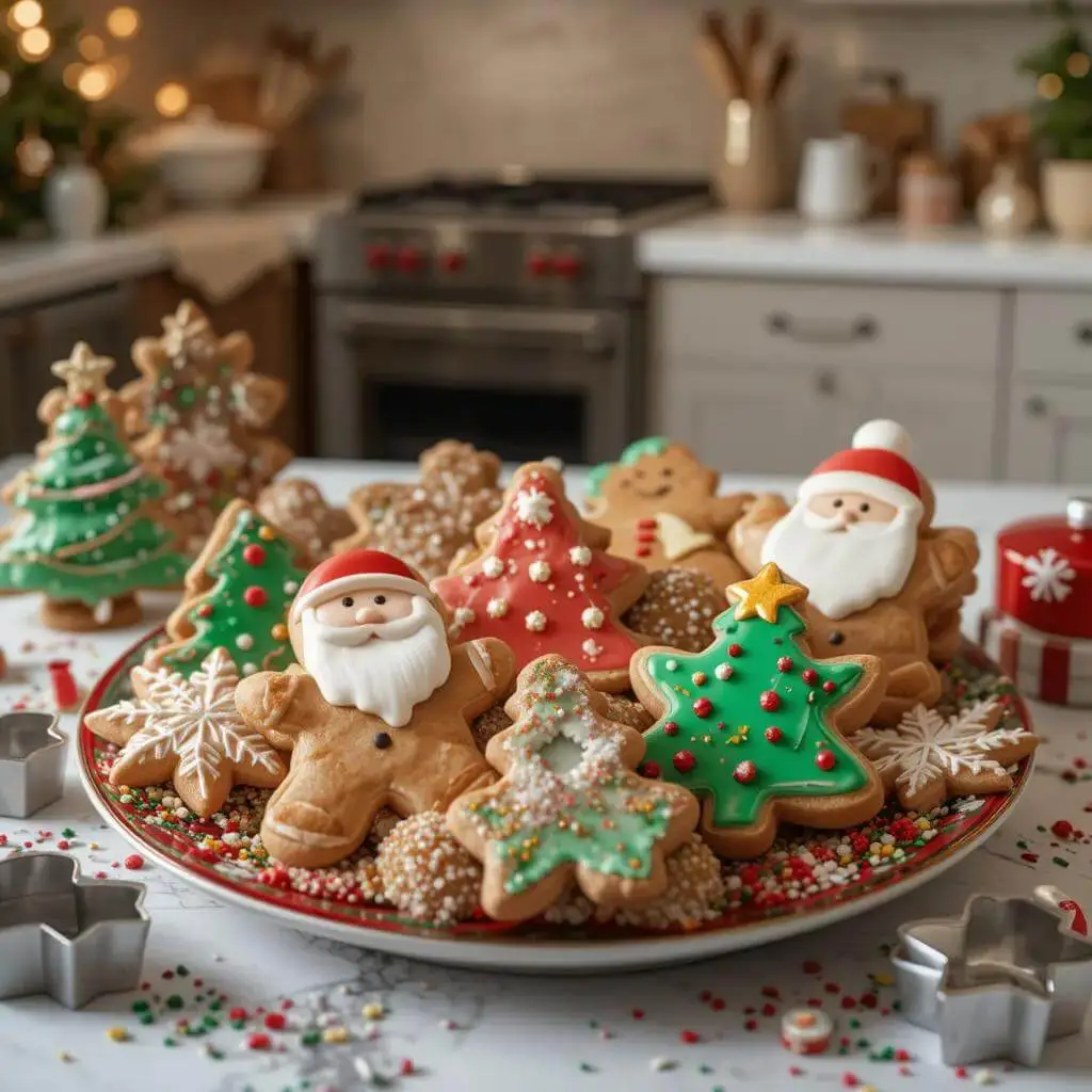 Christmas Cookie Cutters A festive plate of colorful Christmas cookies, featuring designs like Santa Claus, Christmas trees, snowflakes, and gingerbread figures, placed on a decorated table in a cozy kitchen setting.