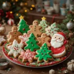 Christmas Cookie Cutters A festive plate filled with colorful Christmas cookies, including Christmas tree, Santa Claus, snowflake, and gingerbread designs, placed on a decorated holiday-themed table