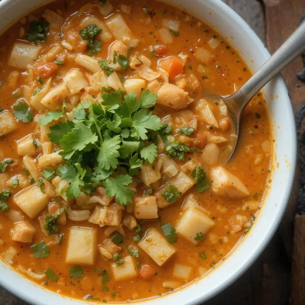 Panera Chicken Tortilla Soup A close-up of a hearty orange soup with diced vegetables, chicken, and rice, garnished with fresh cilantro in a white bowl with a spoon.