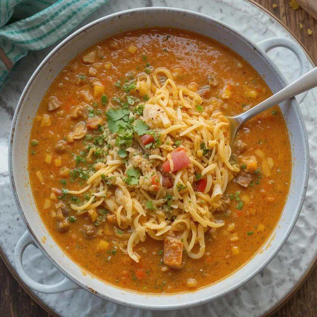 Hearty chicken and rice soup with diced vegetables in a creamy orange broth, garnished with fresh cilantro in a white bowl.